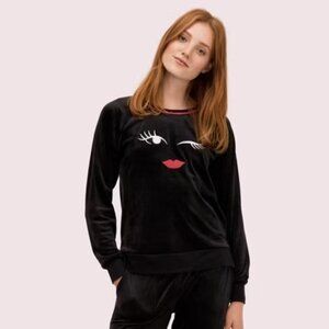 Kate Spade velour pj top winky face black medium pink pajama sleep
